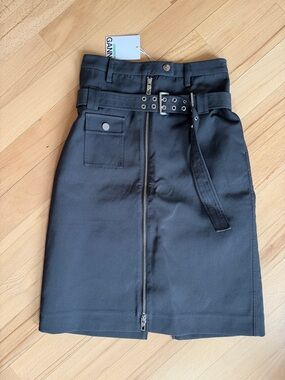 Ganni Black High-Waist Zip-Front Pencil Skirt with Belt